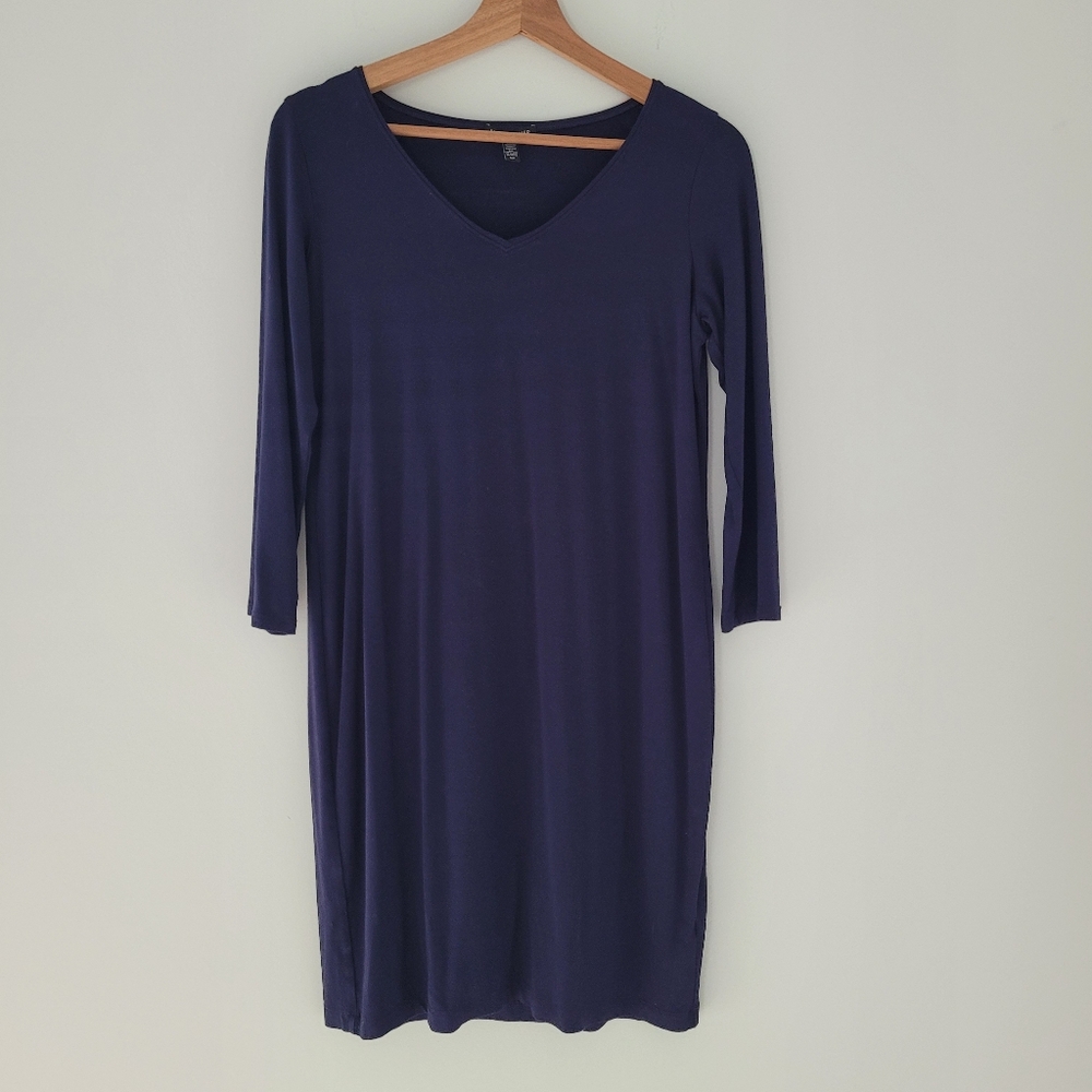Eileen Fisher Jersey Dress Comfy size Small blue viscose/ spandex stretch v neck